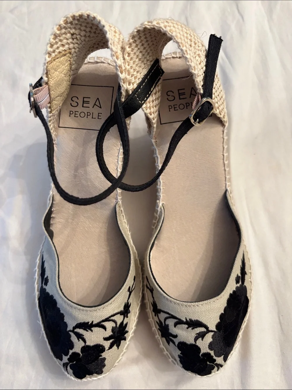 Sea People Black Floral Espadrille Ankle-Strap Flats, SZ 8.5 NWOT